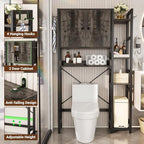 Over The Toilet Storage Cabinet with Doors - 7 Tier Bathroom Organizer with Adjustable Shelf, Freestanding Space Saver Rack Above Toilet Stand with 4 Hooks for Bathroom, Restroom, Laundry, Grey Oak