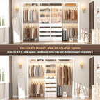 Aheaplus 21.3" Closet System with 4 Drawers, Wood Closet Organizer with Open Shelves, Modular Drawers System Tower, Walk-in Closets Small Wardrobe Rack, Tall Storage Cabinet Unit, White