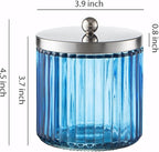 KMwares 2-Pack Glass Bathroom Jars - Blue Stripes Glass with Lids Cotton Ball, Q-Tip, Swab, and Floss Holder - Modern Organizer for Bathroom, Vanity Decorative Countertop Storage (Cobalt Blue)