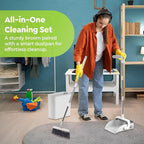 DustDockPro: Broom and Dustpan Set with Trashcan - Long Handle Upright Dust Pan with Teeth Comb, Angled Bristles for Pet Hair Removal, Compact Cleaning Kit for Kitchen Home Tiles Hard Floors