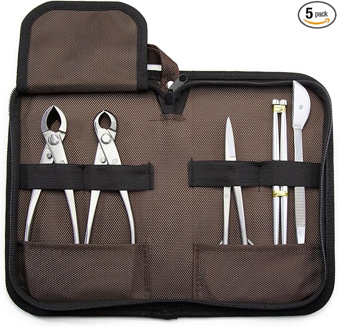 Small Size TianBonsai Bonsai Tools 5-Piece Alloy Steel Bonsai tool Kit In Cluding 180mm Long Handle Scissors / 180mm Branch Cutter / 180mm Knob Cutter / 200mm Straight Root Hook / Tweezers (NBKS5-01)