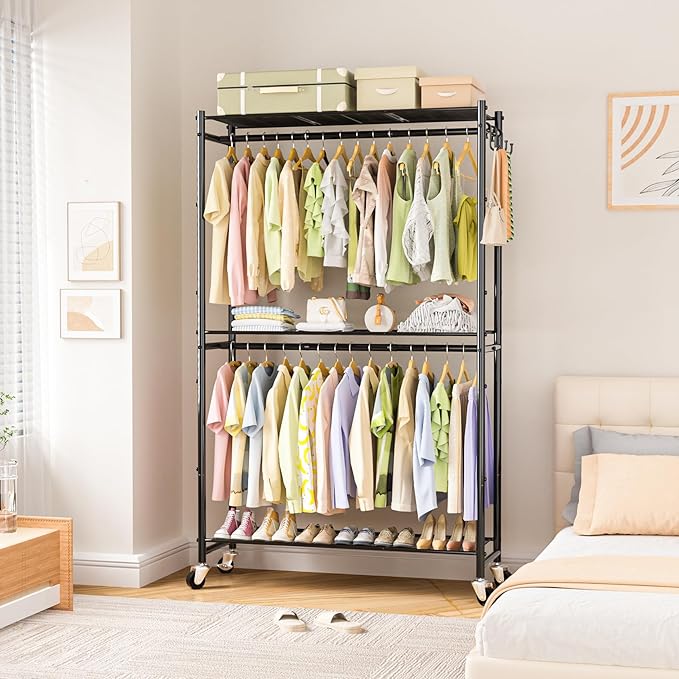 Neatrays Rolling Clothes Rack for Hanging Clothes, 47.2"x 11.8"x 79" Large Capacity Garment Rack with Double Rods & 3 Wire Shelves, Portable Closet with Wheels for Bedroom, Laundry, Balcony (Black)