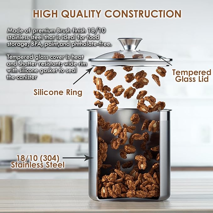 Cooks Standard Stainless Steel Food Jar Storage Canister Set Medium 4-Piece, 0.95qt/1.6qt/2.5qt/3.5qt Airtight Containers with Glass Lid for Tea Coffee Sugar Flour