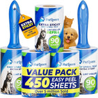 PetLovers Extra Sticky Lint Roller Mega Value Set 450 Sheets for Pet Hair Removal and Clothes, Dog and Cat Lint Remover 5 Pack