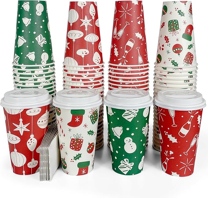Christmas To Go Coffee Cups with Lids 16 oz Insulated Cups, 100 Packs Hot Cup for Chocolate/Coffee/Tea/Water/Juice, Coffee Bar Accessories with Lid & Sleeve, Christmas Cups Disposable Supplies