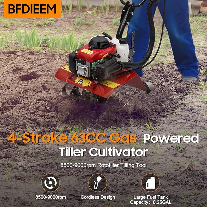 4-Stroke 63CC Gas Powered Tiller Cultivator Garden Yard Rototiller Tilling Tool Gas Tiller- Ideal for Garden, Lawn, Soil Cultivation, Weed & Digging, 8500-9000rpm