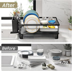 SNTD Dish Drying Rack - Space-Saving Dish Rack for Kitchen Counter, Stainless Steel Dish Drainer with Utensil Holder and Drainboard, 11" W x 15" L (Black)