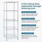 Honey-Can-Do 5-Tier Heavy-Duty Adjustable Shelves, Metal Storage Rack with 250-lb Shelf Capacity, White, 18" W x 24" L x 72" H