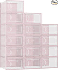 Foluck Shoe Storage Box, 15 Pack Clear Plastic Stackable Shoe Organizer for Closet, Interlocking Design Shoe Container Bins for Sneakers, Foldable Shoe Rack with Lids, Pink