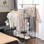 VICERII Clothes Rack, Double Clothing Rack with Wheels and Extra Wide Bottom Shelf, 52.36’’ Heavy Duty Garment Racks for Hanging Clothes, Coats, Shirts, Skirts, Dresses, 130LB Capacity, Black