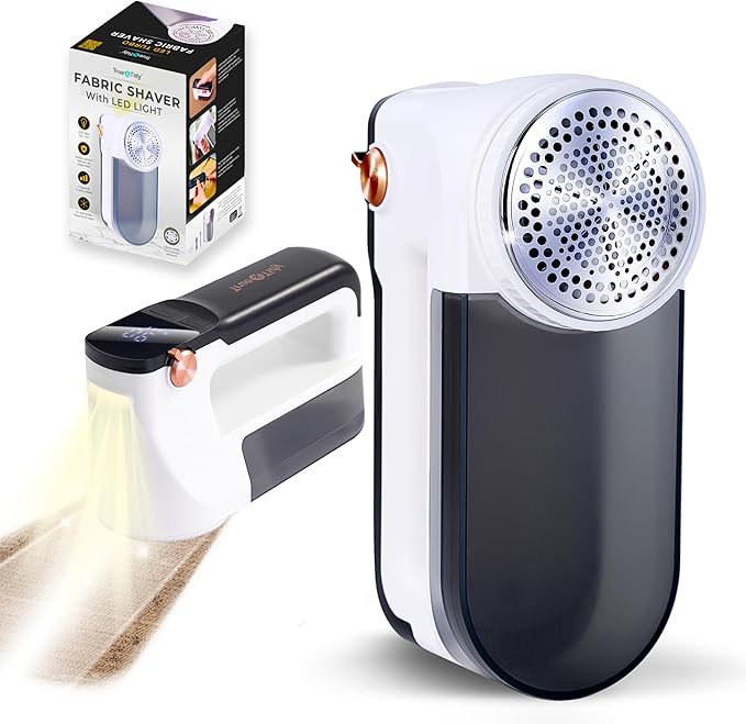 True & Tidy XL Rechargeable Fabric Shaver with Light, 6-Leaf Steel Blades, 3-Speed Motor, LED Digital Display, Lint Remover for Clothes, Furniture & Upholstery (White, Turbo)