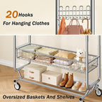 Gewudraw Heavy Duty Clothes Rack with Metal Basket, 1060 LBS Rolling Double Rod Garment Rack, Portable Extendable Clothing Rack with Wheel for Bedroom, Laundry Room & Retail Store