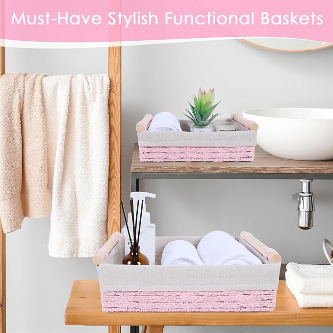 Wicker Storage Basket with Wooden Handle – Paper Rope Decorative Toilet Paper Baskets & Bathroom Organizer for Toilet Tank Top, Shelves, Bedroom, Countertop,Home,Office Storage Bins, 2 Pack,Pink