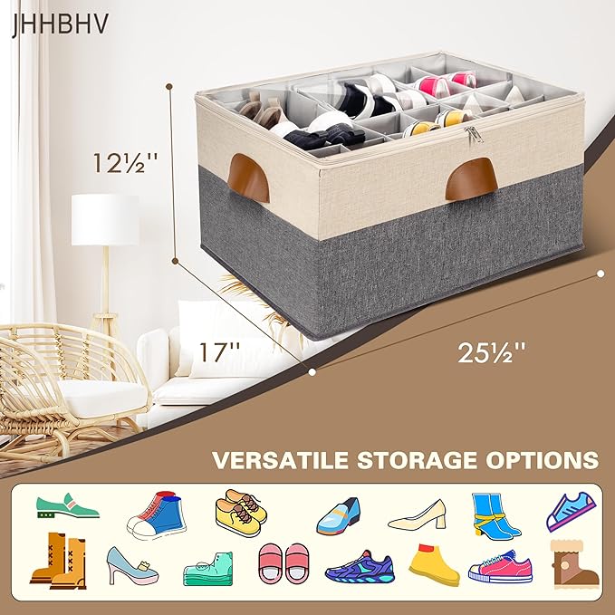 1 Pack Shoe Organizer for Closet, Adjustable Shoe Box Storage Containers, Large Foldable Shoe Bins with Clear Cover, Space Saving Shoes Holder with 4 Handles, Fits 12-24 Pairs, Beige