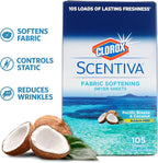 Clorox Scentiva Fabric Softening Dryer Sheets | Fabric Sheets in Pacific Breeze & Coconut Scent | Laundry Dryer Sheets for Fresh & Clean Clothes | 105 Count (Pack of 2)