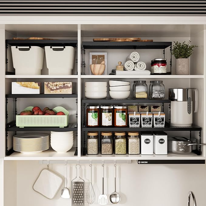 Jojocross Adjustable Stackable Metal Storage Shelf Organizer - Expandable Wire Rack with Perforations for Kitchen, Pantry, Bathroom, Cabinet & Office-Compact, Durable & Sturdy (3PACKS/Medium/Black)