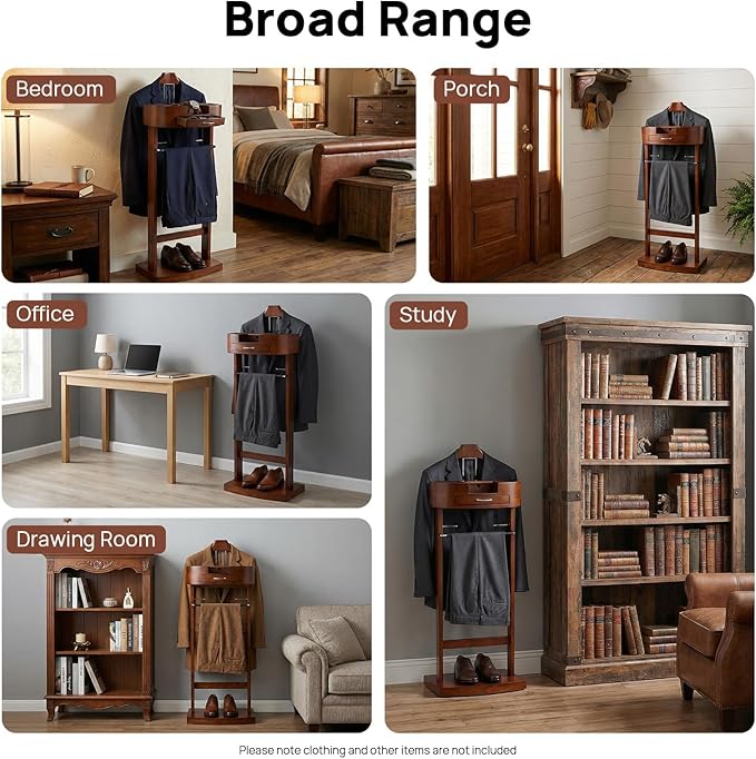 Wood Suit Rack, Vintage Birch Freestanding Clothing Valet Stand, Practical Valet Stand with Drawer and Trouser Holder, Wooden Contoured Coat Rack for Suits, Pants, Ties (Brown)