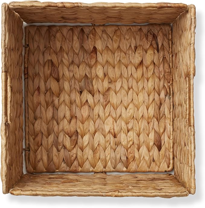 Casafield 12" x 12" Water Hyacinth Storage Baskets, Natural - Set of 6 Collapsible Cube Organizers, Woven Bins for Bathroom, Bedroom, Laundry, Pantry, Shelves