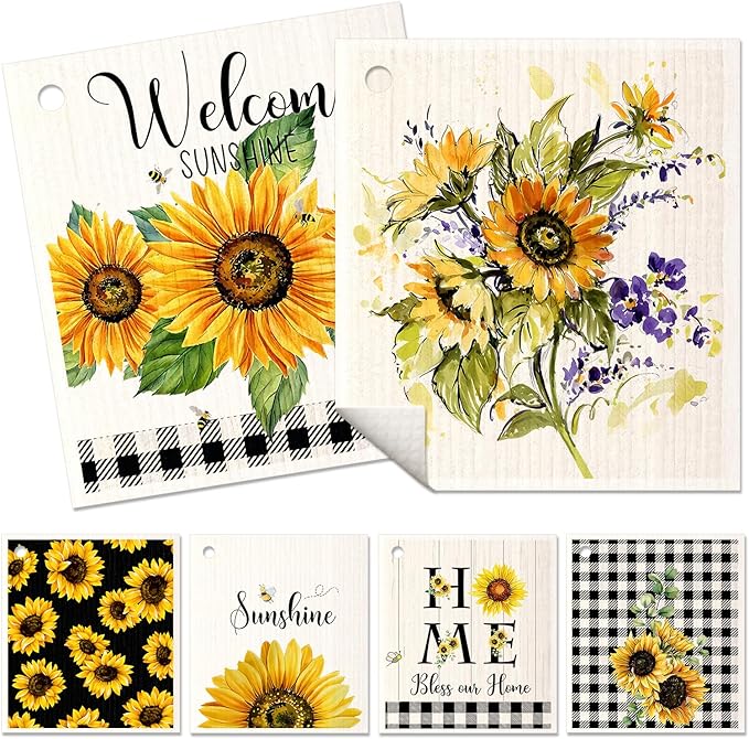 6 Pack Swedish Dishcloths for Kitchen - Reusable Dish Cloths for Washing Dishes Absorbent Cute Funny Kitchen Towels Cleaning Sponge, Sunflower