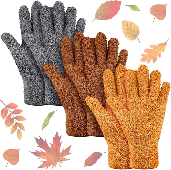 Patelai 3 Pairs Microfiber Plant Dusting Gloves Leaf Cleaning Gloves for Indoor Plants, Blinds, Furniture, House (Orange,Brown,Dark Gray,Large)
