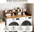 Garvee 54" Washer Dryer Countertop with 2-Tier Shelf, Wooden Laundry Countertop with Non-Slip Pad and Guard Rails, Washer and Dryer Topper for Laundry Room Organization