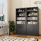 Bookshelf with Doors and Adjustable Shelves, 55" Tall Metal 5-Tier Bookcase, Freestanding Bookshelf for Living Room, Home Office, Kitchen Pantry Organizer Rack (Black)