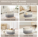 45L Small Laundry Basket with Leather Handles for Living Room Storage, Woven Rope Baskets Bin for Blanket, Kids Toy, Gifts, Wicker Hamper for Bedroom Dirty Clothes, 18"x14"x11" White Grey