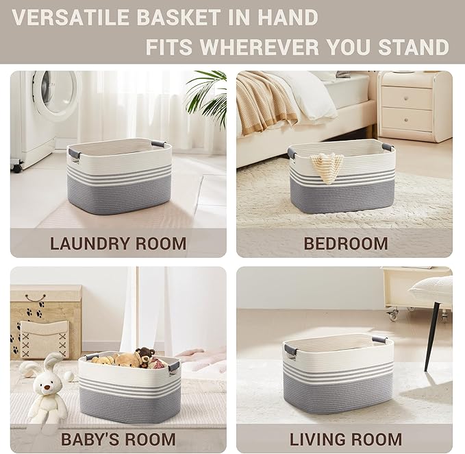 45L Small Laundry Basket with Leather Handles for Living Room Storage, Woven Rope Baskets Bin for Blanket, Kids Toy, Gifts, Wicker Hamper for Bedroom Dirty Clothes, 18"x14"x11" White Grey