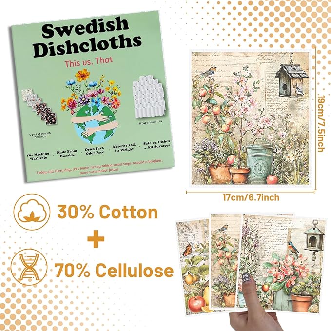 Vintage Floral Swedish Dishcloths for Kitchen - 6PCS Wildflower Swedish Cloths for Washing Dishes Reusable, Retro Flower Washable Kitchen Towels Sponge Cloths for Home Party Housewarming