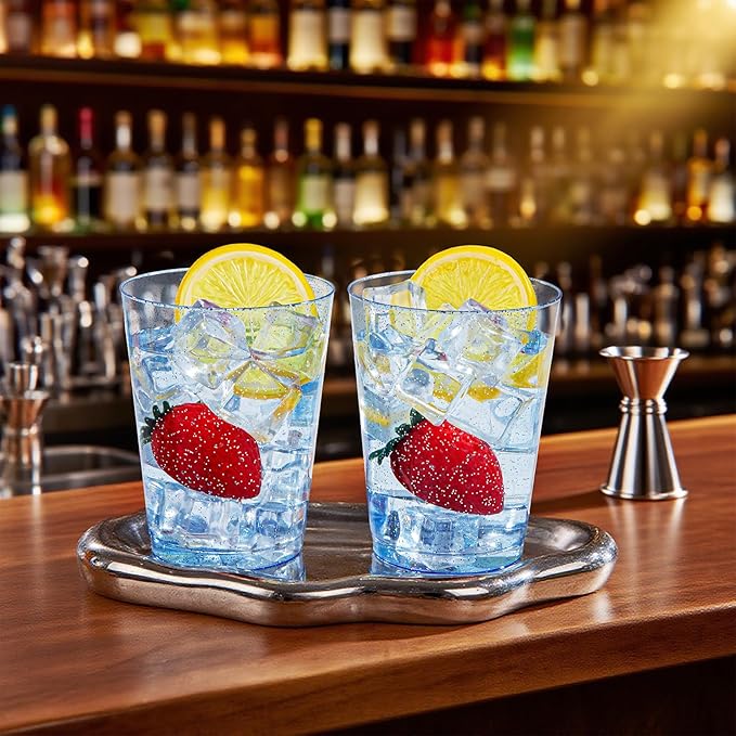 DaYammi 100 Pack Blue Plastic Cups 10 oz Disposable Cups Tumblers, Elegant Blue Glitter Party Drinking Cup Perfect for Wedding, Fancy Disposable Cup Plastic Cocktail Glasses Wine Glasses for Party