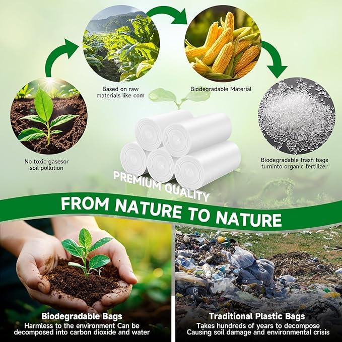 1.6 Gallon White Small Trash-Bags For Bathroom - Mini Garbage Bags 100 Count 6 Liter (Fit 1.3-1.5Gal) Unscented Compostable Biodegradable Tiny Waste Basket Liners Kitchen Office Chenyucheng