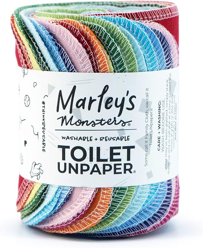 Marley's Monsters Toilet UNpaper - 24 count roll, Reusable Toilet Paper - Absorbent Bidet Cloth Wipes, (Rainbow)