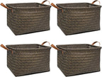 GIB Large Wicker Storage Baskets for Shelves, Woven Laundry Basket for Organizing Clothes Blanket Basket, Decorative Rectangular Closet Organizers Storage Bins with Handles, Black/Dark Gray, 4 Pack