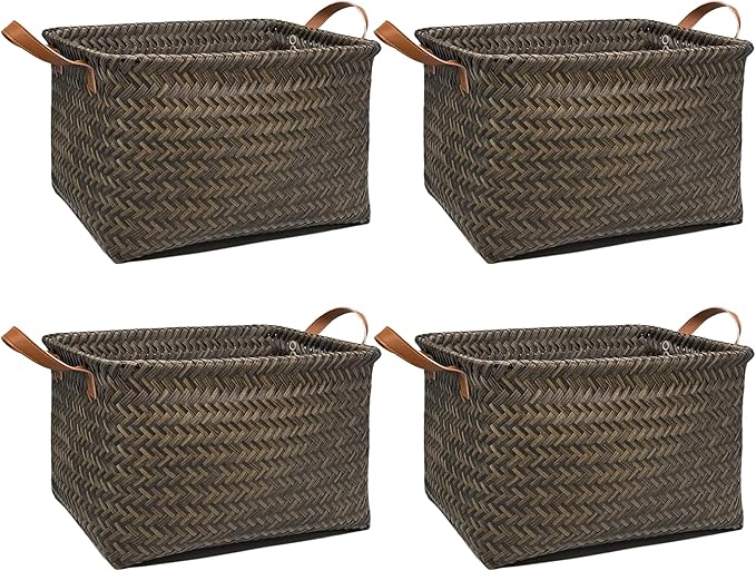 GIB Large Wicker Storage Baskets for Shelves, Woven Laundry Basket for Organizing Clothes Blanket Basket, Decorative Rectangular Closet Organizers Storage Bins with Handles, Black/Dark Gray, 4 Pack