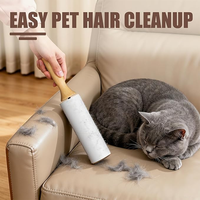 Lint Roller with Wooden Handle- 6.3 Inch Refills, 4 Rolls x 100 Sheets with Adjustable Tool | Pet Hair Remover for Furniture, Clothing | Ergonomic Grip, Durable Design