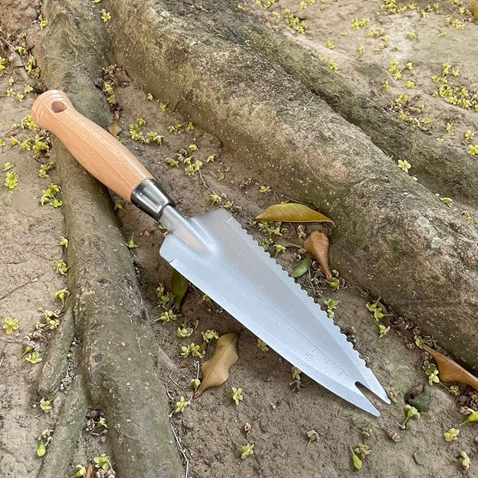 SUMIO 13.3" Alloy Steel Garden Trowel with Forked Tip and Depth Markings, Weeding Knife for Root Cutting, Transplanting, Digging, and Slit Weeding