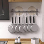 Dseap Kitchen Utensil Holder Hanger, Pot and Pan Rack Wall Mounted, Kitchen Rail with 8 Hooks for Hanging Cooking Utensils, Mugs, Spoons, Wall Mounted, Silver