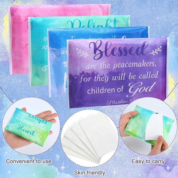PerKoop 100 Pack Pocket Tissues Travel Slim Packs Small Facial Tissues Wallet Size Toilet Paper for Travel Guest Wedding Supplies, 4 Styles(Inspirational Watercolor)