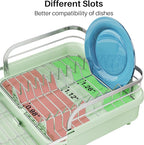 SNTD Dish Drying Rack, Expandable Dish Rack for Kitchen Counter, Stainless Steel Dish Drainer with Drainboard Set and Utensil Holder (Green)