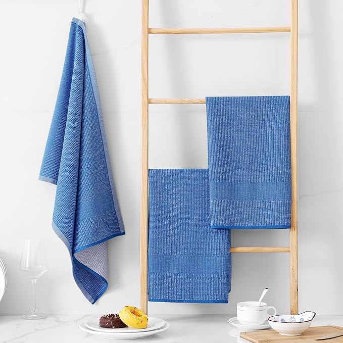 Homaxy Premium Kitchen Towels(18”x 28”, 12 Pack), Large Cotton Kitchen Hand Towels, Flat and Terry Dish Towels, 380 GSM Highly Absorbent Tea Towel Set with Hanging Loop, Blueberry