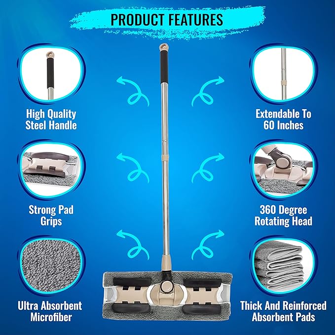MAYSHINE Microfiber Hardwood Floor Wet and Dry Dust Mop w/ 5 Reusable Pads, 360 Spin Mop System | Use on Wood, Tile, Laminate, Vinyl and More | Flat Mop with 60" Extendable Stainless Steel Handle