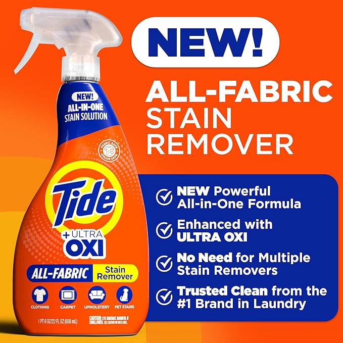 Tide Laundry Stain Remover Spray with Oxi, Stain Remover for Clothes, Carpet, Upholstery, Pet Bedding, & More, Stain Treater Spray for Tough Stains from Wine, Coffee, Grease, 21.5 Fl Oz (Pack of 2)