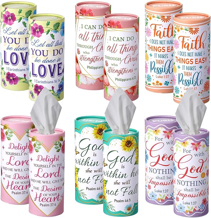 Outus 12 Pack Car Tissues Cylinder Holder Christian Round Tissue Box Cup Holder 3 Ply Facial Napkins Bible Verses Napkins Container for Car Home Office Dispenser Travel Prayer Church Religious Gifts