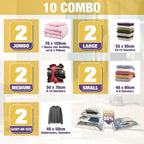 HIBAG Vacuum Storage Bags, 10-Pack Vacuum Seal Bags for Clothing Clothes, Space Saver Bags (2 Jumbo, 2 Large, 2 Medium, 2 Small, 2 Roll-up) with Pump (10-Combo)