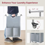 Tajsoon Laundry Sorter with Hanging Bar, 3 Section Rolling Laundry Hamper with Heavy Duty Lockable Wheels, Laundry Basket with Hanging Rack for Bedroom, 3 Gray