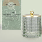 Sage Colored Tranlucent Apothecary Etched Geometric Grid Glass Jar W/Gold Metal Lid Cover for Bathroom Organization, Cotton Balls, Q Tips, and Small Accessories, Bathroom Storage