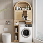 Spurgehom Over The Toilet Storage Cabinet, Bathroom Shelf Organizer Freestanding, Bathroom Arch Cabinet Over Toilet with Toilet Paper Holder and Anti-Tipping Device (Wood & Wicker Door)