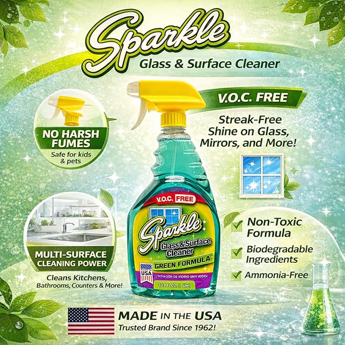 Sparkle Glass Cleaner Green Formula, Streak-Free Window, Mirror & Glass Surface Cleaner, 1 Gallon 128 Fl Oz Refill (Pack of 6)