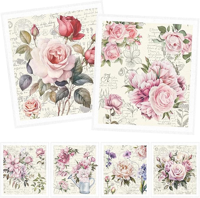 Vintage Pink Rose Swedish Dishcloths for Kitchen, 6PCS Floral Swedish Cloths for Washing Dishes, Reusable Retro Rose Washable Kitchen Towels, Washable Sponge Cloths for Home Party Cleaning