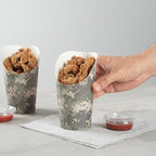 Restaurantware Bio Tek 16 Ounce French Fry Containers, 100 Disposable Charcuterie Cups - Incline Design, Round, Camouflage Paper French Fry Cups, Stackable, For Waffles, Chips, or Popcorn